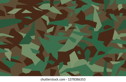 Geometric camo. Triangular Camouflage pattern background, seamless vector illustration. Urban military clothing style. Green, brown, black colors texture.