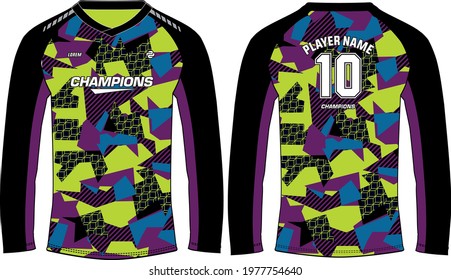 Geometric Camouflage Long sleeve Racing t shirt, Sports jersey design concept vector template, Motocross jersey concept with front and back view , Cricket, football, Volleyball uniform designs