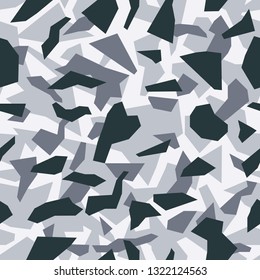 Geometric Camouflage, Modern Fashion Design. Camo Military Protective. Army Uniform. Debris Shape Pattern. Black And White, Monochrome, Fashionable, Fabric. Vector Seamless Texture.