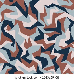 Patrón de camuflaje geométrico, fondo azul, marrón y blanco. Reflejo de la moderna impresión de tela de camo militar. Textura sin inconvenientes. Vector de material.