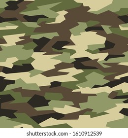 Geometric camouflage seamless pattern. Abstract modern camo endless background for army and hunting. Military texture for fabric, fashion and wrap print. Vector illustration.