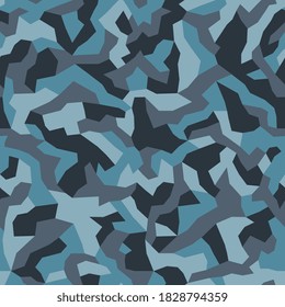 Patrón sin soldadura de camuflaje geométrico. Resumen de la textura urbana militar moderna. Fondo de color azul. Ilustración vectorial.