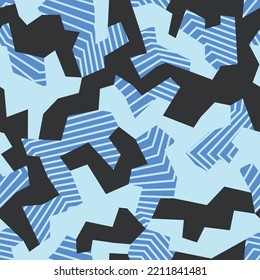 Geometric camouflage seamless pattern. Abstract modern military urban texture. Blue color background. Vector illustration