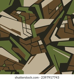 Geometric camouflage seamless pattern. Abstract modern chaotic camo background of polygons for fabric textile and vinyl wrap print. Vector illustration.