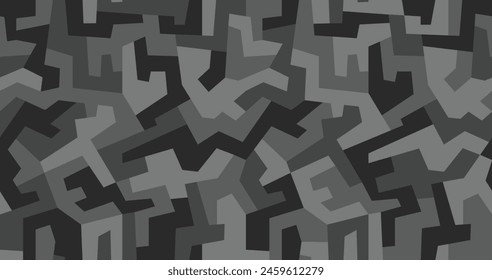 Geometric camouflage seamless pattern. Abstract modern urban camo, black and gray modern military texture background. Vector illustration