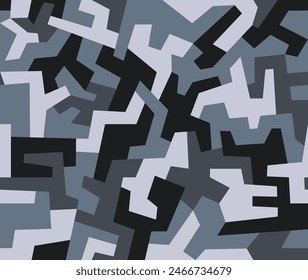 Geometric camouflage seamless pattern. Abstract modern urban camo, black and gray modern military texture background. Vector illustration