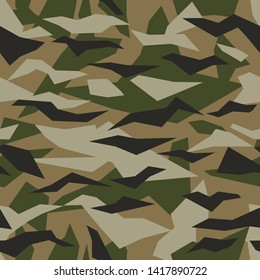 Geometric camouflage seamless pattern background. Classic khaki clothing style masking camo repeat print. Green brown black olive colors forest texture. Vector.