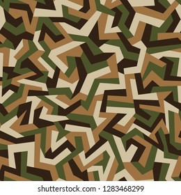 Geometric camouflage seamless pattern. Digital urban graffiti military texture fabric and fashion print. Abstract modern endless background. Vector illustration.