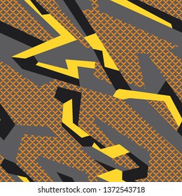 Geometric camouflage seamless pattern with grid elements. Abstract modern camo texture style background. Template for sport vinyl wrap print. Vector illustration.