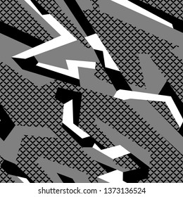 Geometric camouflage seamless pattern with grid elements. Abstract modern camo texture style background. Template for sport vinyl wrap print. Vector illustration.