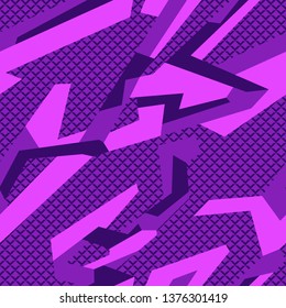 Geometric camouflage seamless pattern with grid elements. Abstract modern camo texture style background. Template for sport vinyl wrap print. Vector illustration.