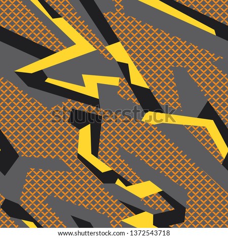 Geometric camouflage seamless pattern with grid elements. Abstract modern camo texture style background. Template for sport vinyl wrap print. Vector illustration.