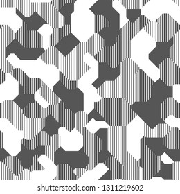 Geometric camouflage seamless pattern. Striped abstract modern digital military grey and white endless camo texture. Vector background.