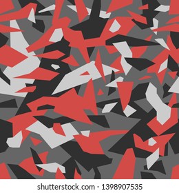 Geometric camouflage seamless pattern. Urban military clothing style, masking camo repeat print. Grey red and black color. Vector Texture