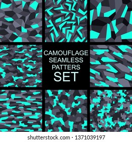 Geometric camouflage texture seamless patterns set. Abstract modern military endless camo ornaments collection for fabric and fashion print. Vector illustration.