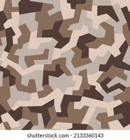 Geometric Camouflage Vector. Military Camo Seamless Pattern. New Soldier's Uniform. Background In Sand And Brown  Color. 