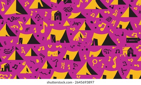 Geometric camping tents create pattern on purple field backdrop graphic