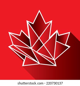 A geometric Canadian maple leaf icon on a red background with a long shadow.