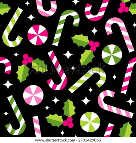 Geometric candy and holly berry seamless pattern design for Christmas and new year background.
