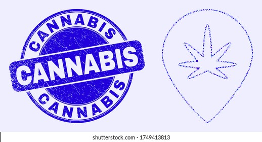 Geometrisches Cannabis-Kartenmarkierungssymbol und Cannabis-Siegel. Blauer, abgerundeter, kratzter Robbenstempel mit Cannabis-Nachricht. Abstraktes Konzept des Cannabis-Kartenmarkers, der aus Kreis,