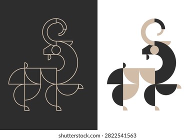 Geometric capricorn icon vector set. Modern minimalist line art and flat vector illustration with curved horns. Split background presentation for branding and logos.