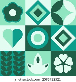 Geometric card with simple geometric shapes and figures and symbols. Retro set with forms and flowers. Vector illustration.