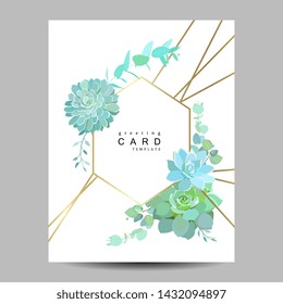 Geometric card template with succulents and eucalyptus for wedding invitation