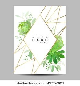Geometric card template with succulents and eucalyptus for wedding invitation