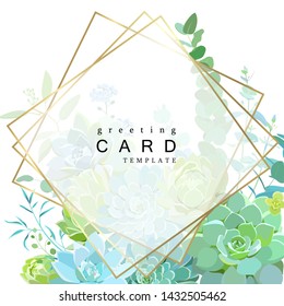 Geometric card template with succulents and eucalyptus for wedding invitation