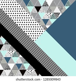 Geometric card vector illustration. Banner postcard art design. Background geometric triangles memphis. Creative design combination of geometry with hand-drawn prints.