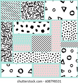 Geometric card vector illustration. Banner postcard art design. Patchwork of pieces of texture. Creative design combination of geometry with hand-drawn prints.