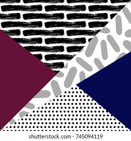 Geometric card vector illustration. Banner postcard art design. Background geometric brush memphis. Creative design combination of geometry with hand-drawn prints.