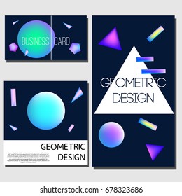 Geometric cards. Cover design templates. Brochure, cards, flyers with abstract glowing neon shapes. Holographic geometry elements. Artistic advertisement