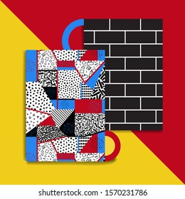 Geometric cards in the style of Memphis 80-90 years-vector illustration. Postcard banner cover for ebooks notebooks books