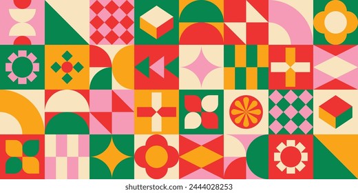 Geometric carnival themed background illustration - flat shapes layout design for wallpaper or backdrop