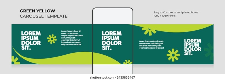 Geometric carousel template. social media seamless square post. healthy. food. green. yellow. microblog. modern. clean. minimal. advertising. leaflet. brand. eps vector illustration