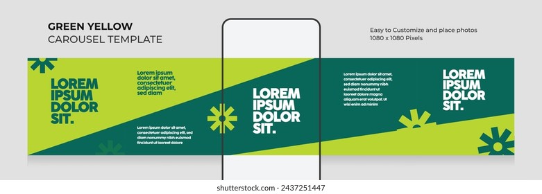 Geometric carousel template. social media seamless square post. healthy. food. green. yellow. microblog. modern. clean. minimal. advertising. leaflet. brand. eps vector illustration