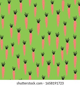 Geometric carrots backdrop. Cute orange carrot seamless pattern on green background. Botanical wallpaper. Design for fabric, textile print, wrapping paper, kitchen textiles. Modern vector illustration
