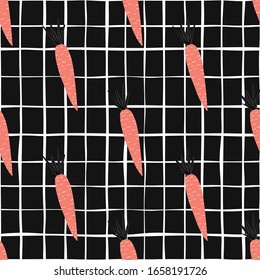 Geometric carrots backdrop. Cute orange carrot seamless pattern on black background. Botanical wallpaper. Design for fabric, textile print, wrapping paper, kitchen textiles. Modern vector illustration