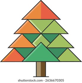 Geometric cartoon pine tree made of colorful triangles in green and orange shades. Unique abstract vector design perfect for holiday, nature, or educational themes. Modern flat style illustration.