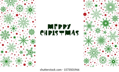 Geometric cartoon style lettering "Merry Christmas" with an ornament of snowflakes on both sides: red circles and green snowflakes. Vector stock illustration on a white background.