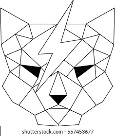Geometric cat head line silhouette with thunder image isolated on white background vintage design element vector illustration.
