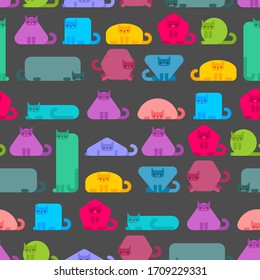 Geometric cat pattern seamless.  Pet geometric shapes background. Square and round cats. Triangular and hexagonal pet. Pentagonal and rectangular kitten. Baby fabric texture