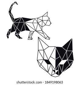 Geometric cat walking, head. Hand drawn vector illustration.