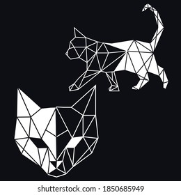 Geometric cat walking, head. Hand drawn vector illustration.