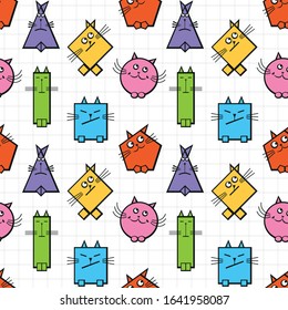 Geometric cats. Checkered background. Seamless pattern. Bright colors.