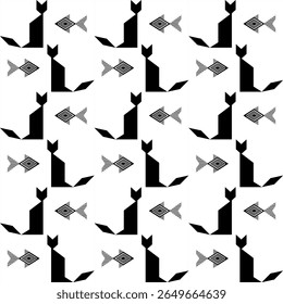 geometric cats and fish Seamless pattern ,black vector illustration background,For wrapping paper, wallpaper, fabric 300dpi  