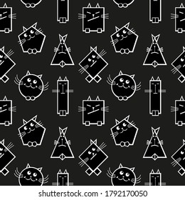 Geometric cats. Seamless pattern on a black background.