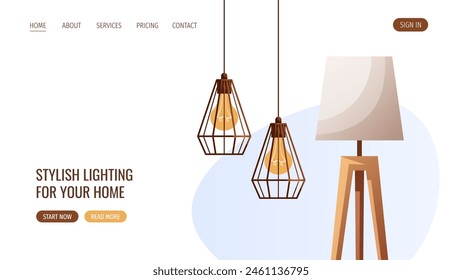 Geometric ceiling pendant light and wooden tripod floor lamp. Interior design, home decor, cozy home concept. Vector illustration for banner, website.