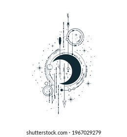 Geometric celestial half moon illustration. Mystical lunar phase tattoo. Spiritual space print.